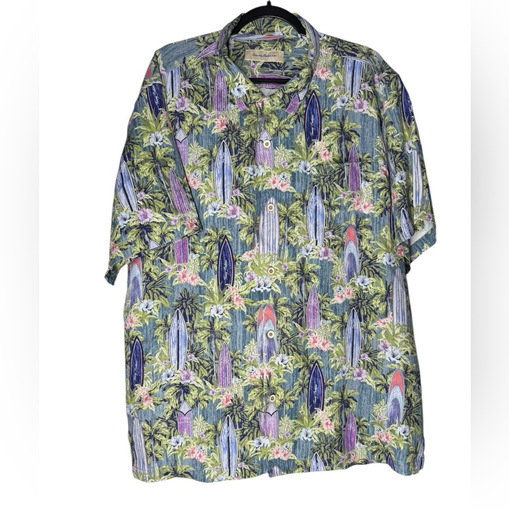 Tommy Bahama 100% Silk Hawaiian Shirt XXL Surfboard Print Camp Aloha Loop Collar